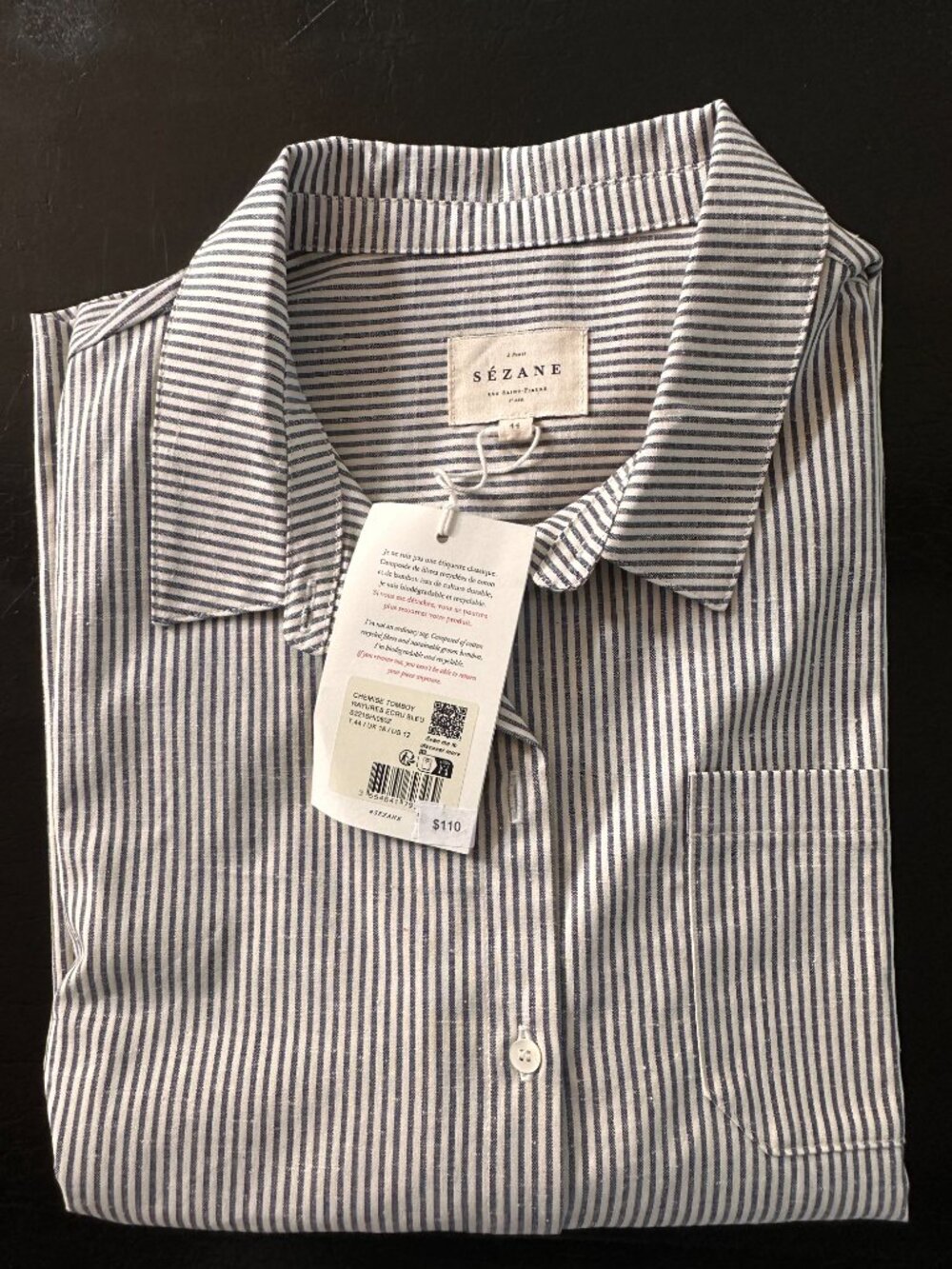 NWT Sézane Chemise Tomboy Stripe Shirt Ecru Blue Button Down Cotton 44 /US 12 - Picture 2 of 11